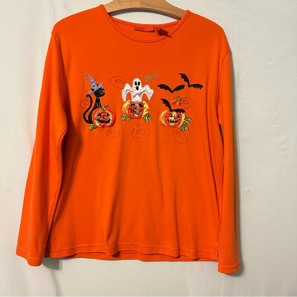 Halloween L/S Tee Women’s Size Medium Cat Ghost Bat Beads Embroidery Appliqué